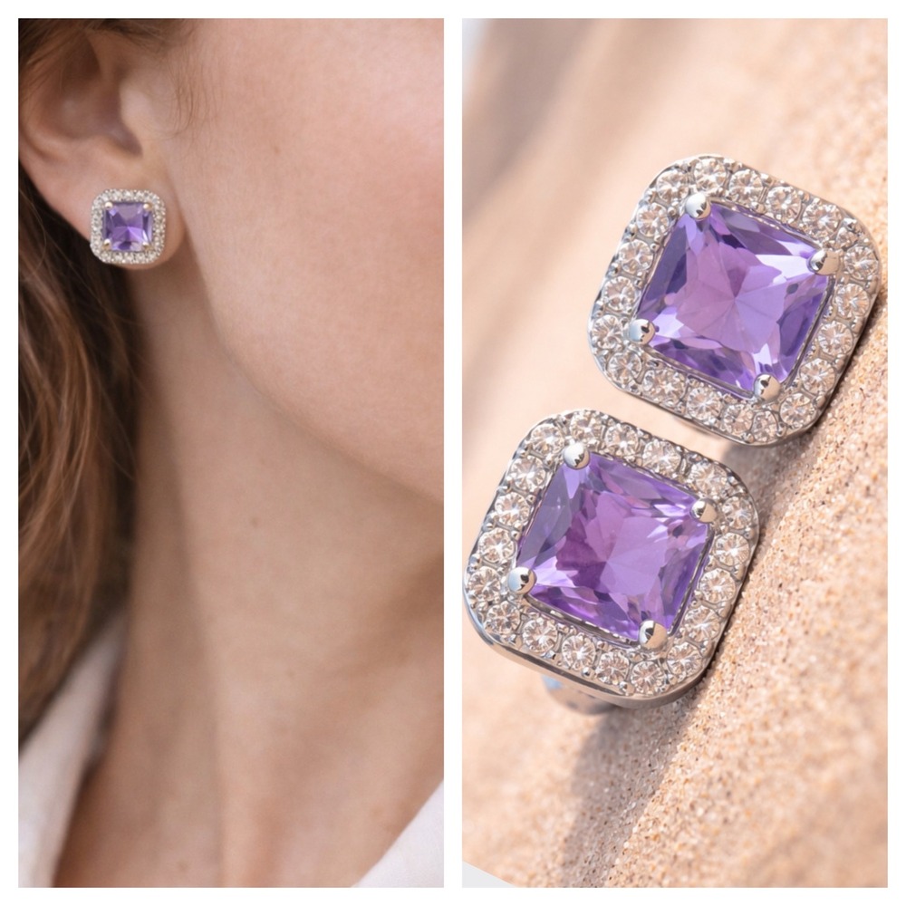 Moissanite Lavender Halo Stud Earrings 925 Sterling Silver Cushion Cut - Picture 3 of 5